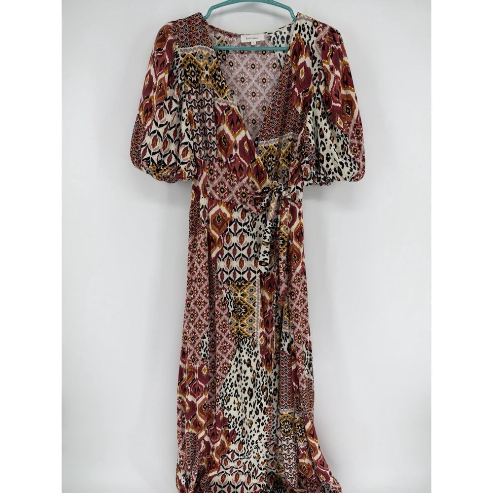 Bohme Maxi Dress Small Red Yellow Print Wrap Puff Sleeve Boho Hippie Flowy
